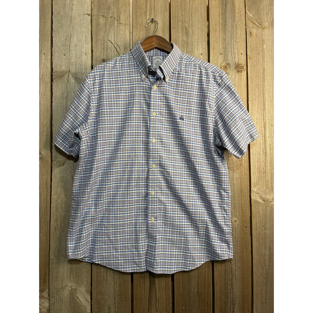 Brooks Brothers 1818 Mens Large Blue Pink Plaid Non-Iron Stretch SS Button Down